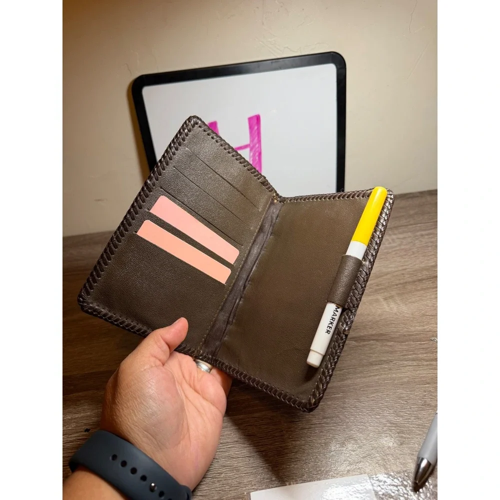 Leather Wallet or Planner Tooled Basketweave Monogram S Brown